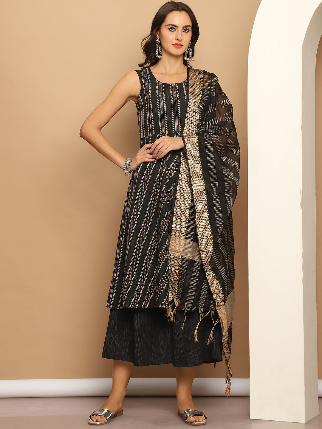 Woven Design Flared Kurta Palazzos Dupatta Set (Black) - Rasiya