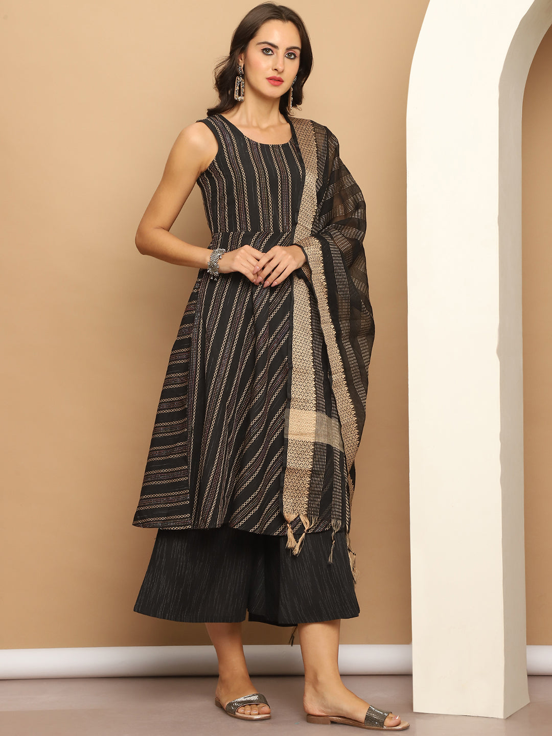 Woven Design Flared Kurta Palazzos Dupatta Set (Black) - Rasiya