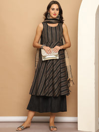Thumbnail for Woven Design Flared Kurta Palazzos Dupatta Set (Black) - Rasiya