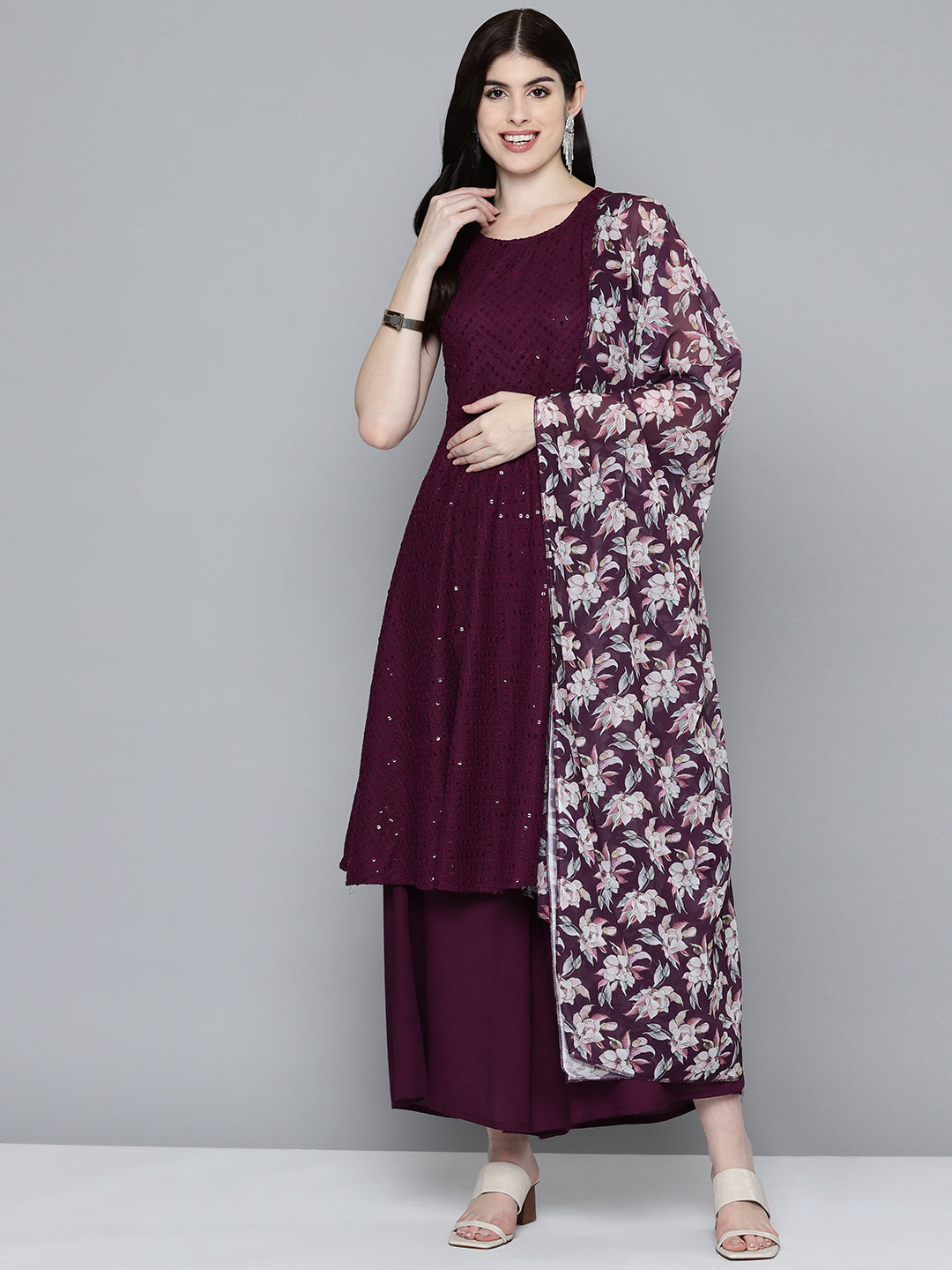 Jompers Women's Embroidered Sequinned Kurta & Palazzos With Dupatta - Purple - Distacart