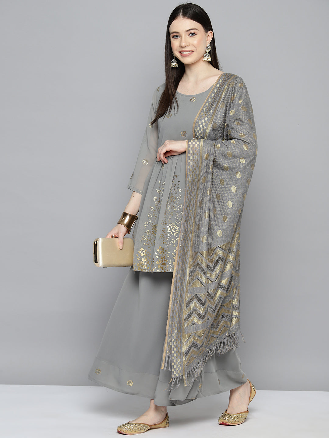 Jompers Women's georgette Foil Print Kurta palazzo Dupatta Set - Grey - Distacart