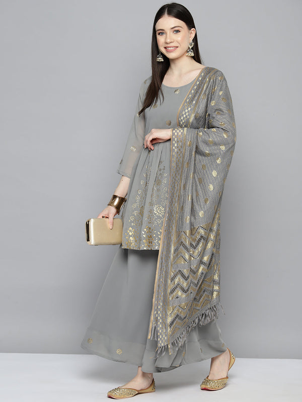 Jompers Women's georgette Foil Print Kurta palazzo Dupatta Set - Grey - Distacart