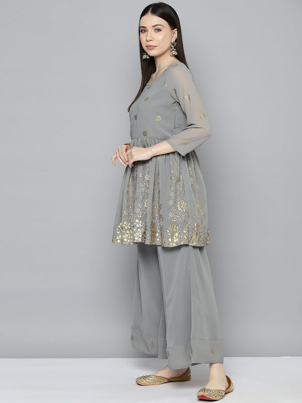 Jompers Women's georgette Foil Print Kurta palazzo Dupatta Set - Grey - Distacart