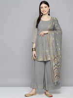 Thumbnail for Jompers Women's georgette Foil Print Kurta palazzo Dupatta Set - Grey - Distacart