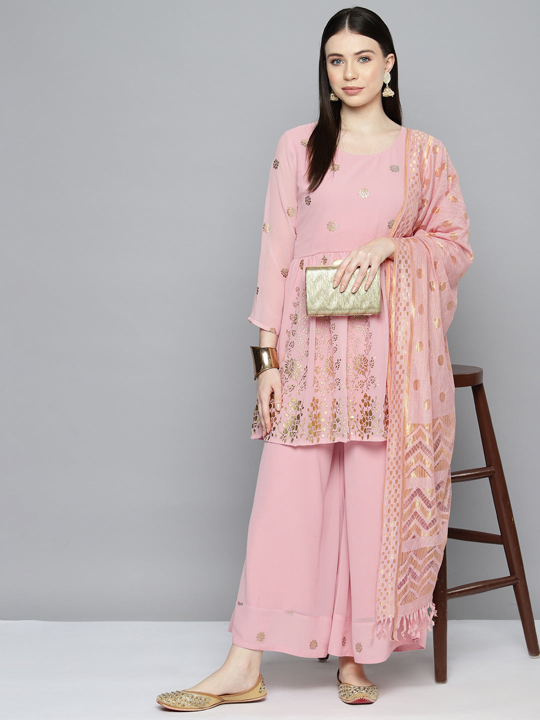 Jompers Women's georgette Foil Print Kurta palazzo Dupatta Set - Pink - Distacart