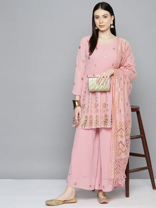 Jompers Women's georgette Foil Print Kurta palazzo Dupatta Set - Pink - Distacart