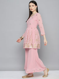 Thumbnail for Jompers Women's georgette Foil Print Kurta palazzo Dupatta Set - Pink - Distacart