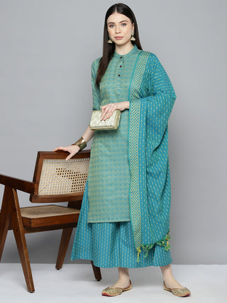 Jompers Women's Woven design kurta, palazzo and dupatta set - Firozi - Distacart