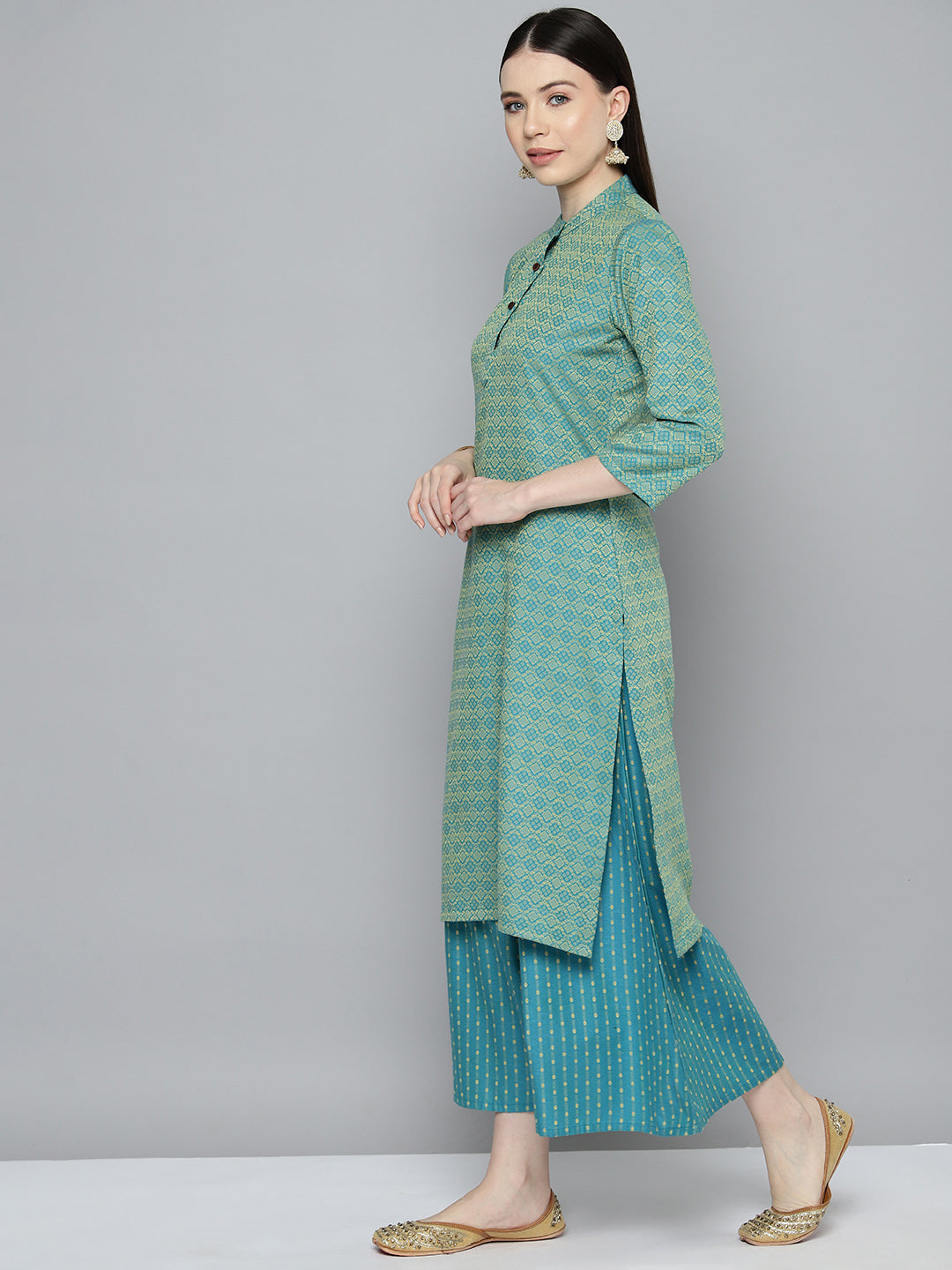 Jompers Women's Woven design kurta, palazzo and dupatta set - Firozi - Distacart