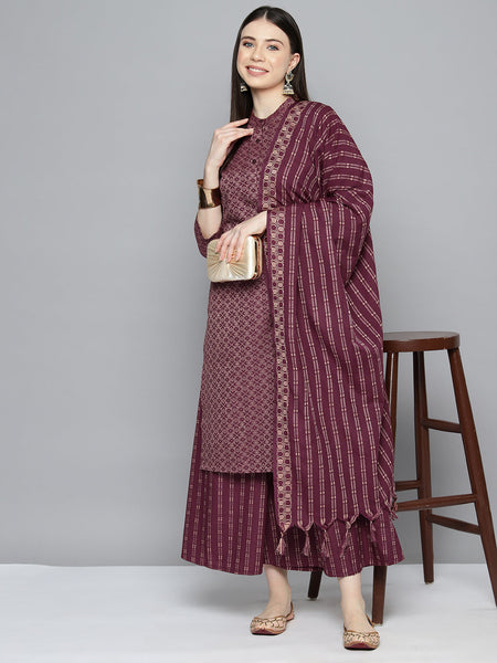 Jompers Women's Woven design kurta, palazzo and dupatta set - Purple - Distacart