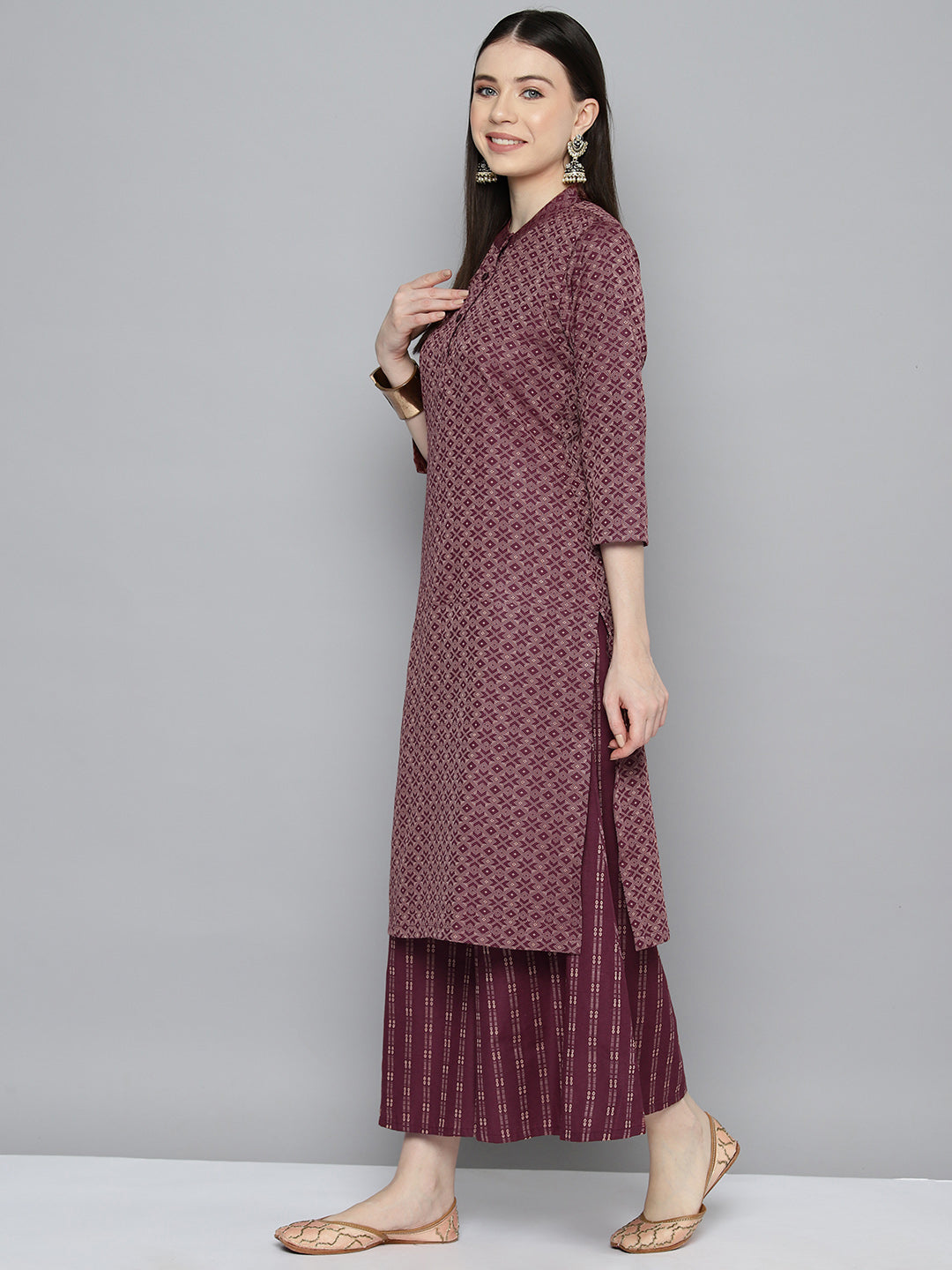 Jompers Women's Woven design kurta, palazzo and dupatta set - Purple - Distacart
