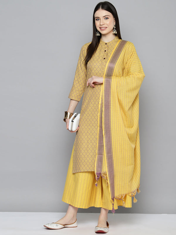 Jompers Women's Woven design kurta, palazzo and dupatta set - Yellow - Distacart
