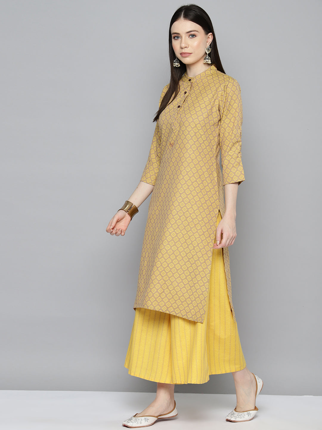 Jompers Women's Woven design kurta, palazzo and dupatta set - Yellow - Distacart