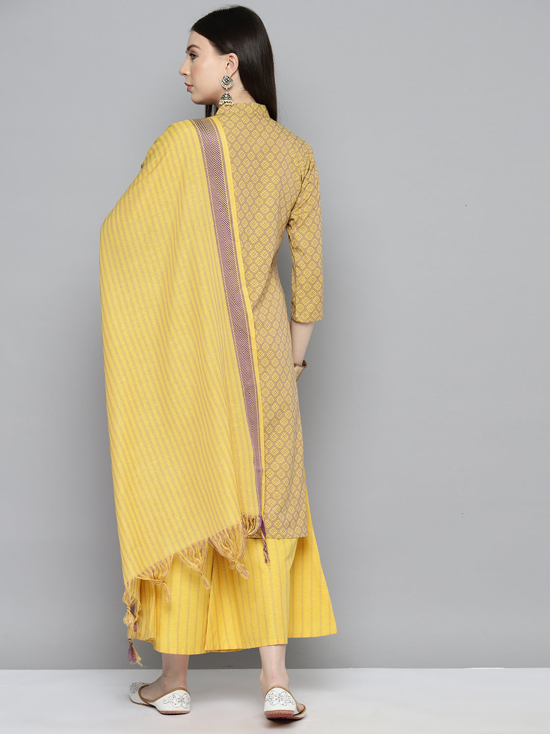 Jompers Women's Woven design kurta, palazzo and dupatta set - Yellow - Distacart