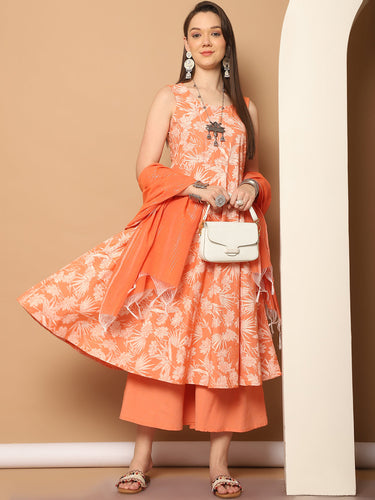 Printed Orange Flared Kurta Palazzos Dupatta Set - Rasiya