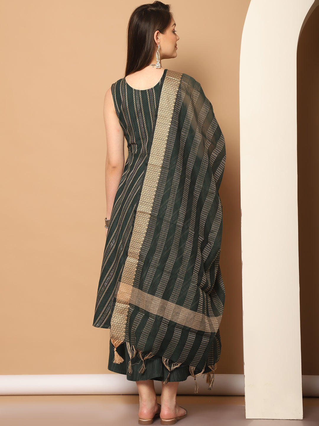 Women Olive Green Woven Design Kantha Work Kurta With Palazzos & With Dupatta (green) - Rasiya