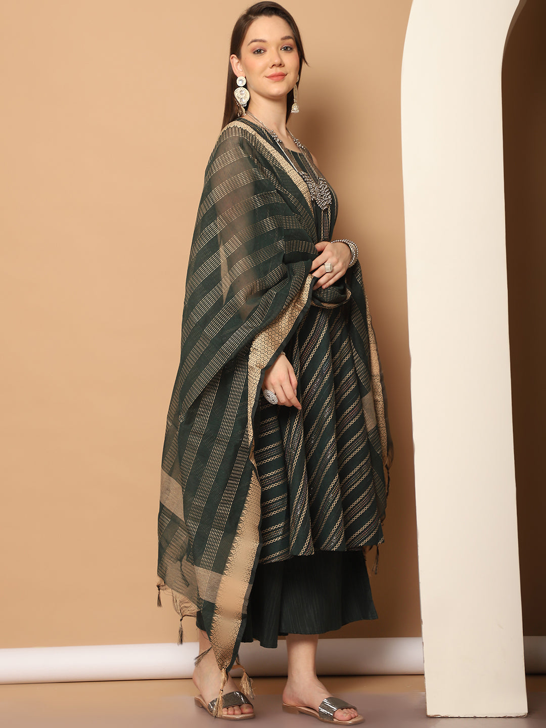 Women Olive Green Woven Design Kantha Work Kurta With Palazzos & With Dupatta (green) - Rasiya