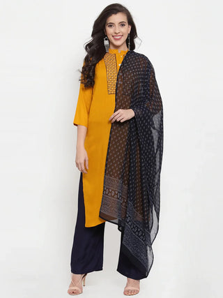 Jompers Women's Mustard Yellow & Navy Blue Embroidered Kurta with Palazzos & Dupatta - Distacart