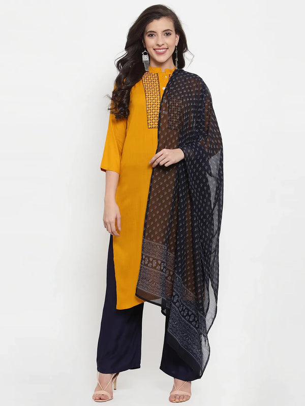 Jompers Women's Mustard Yellow & Navy Blue Embroidered Kurta with Palazzos & Dupatta - Distacart