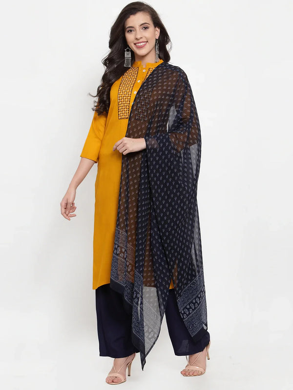 Jompers Women's Mustard Yellow & Navy Blue Embroidered Kurta with Palazzos & Dupatta - Distacart