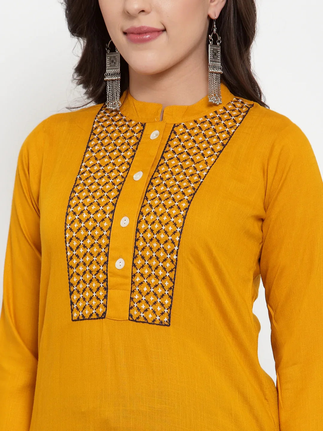 Jompers Women's Mustard Yellow & Navy Blue Embroidered Kurta with Palazzos & Dupatta - Distacart