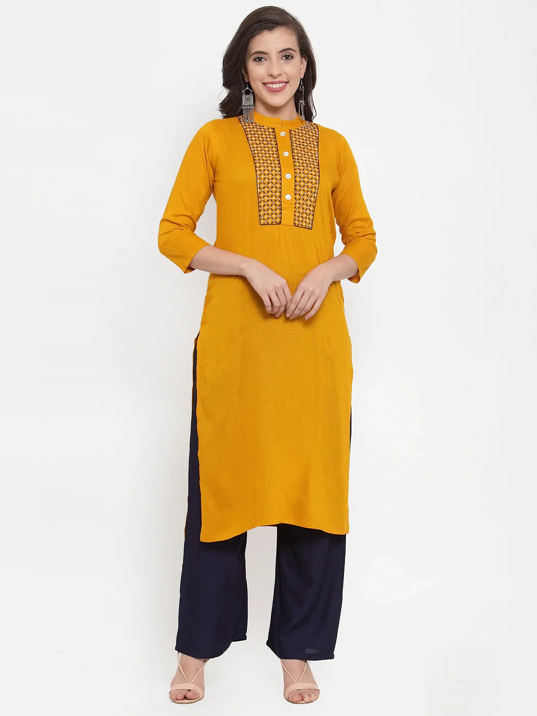 Jompers Women's Mustard Yellow & Navy Blue Embroidered Kurta with Palazzos & Dupatta - Distacart