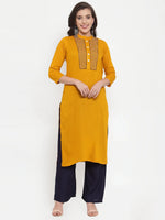 Thumbnail for Jompers Women's Mustard Yellow & Navy Blue Embroidered Kurta with Palazzos & Dupatta - Distacart