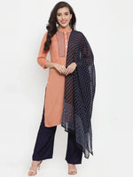 Thumbnail for Jompers Women's Mustard Peach & Navy Blue Embroidered Kurta with Palazzos & Dupatta - Distacart