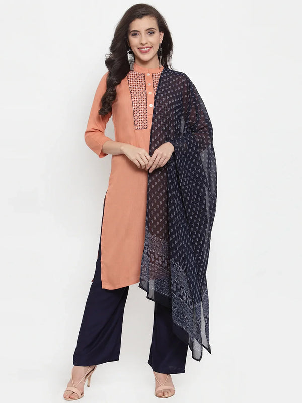 Jompers Women's Mustard Peach & Navy Blue Embroidered Kurta with Palazzos & Dupatta - Distacart