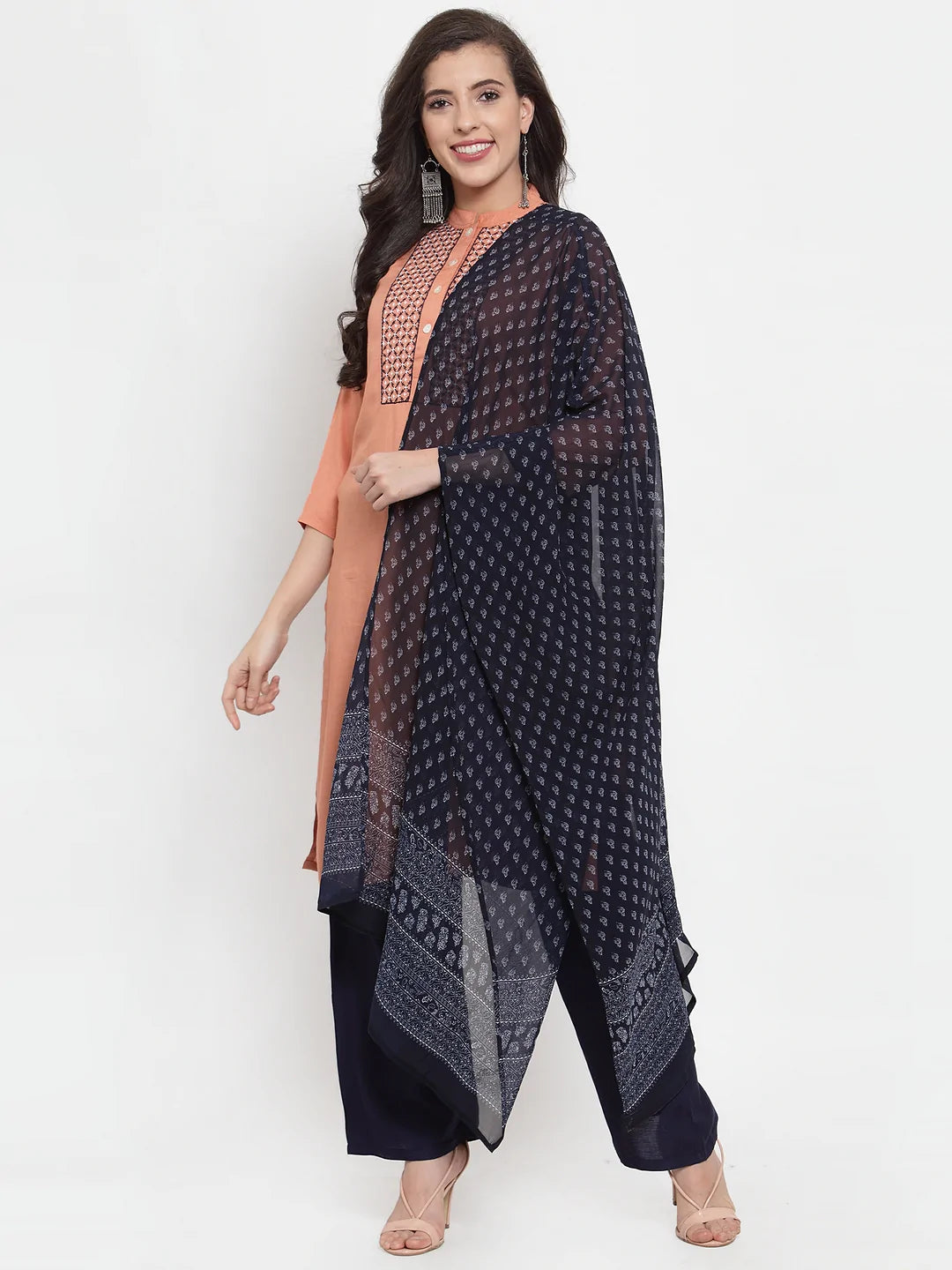 Jompers Women's Mustard Peach & Navy Blue Embroidered Kurta with Palazzos & Dupatta - Distacart