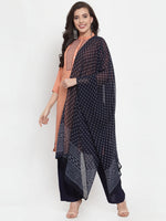 Thumbnail for Jompers Women's Mustard Peach & Navy Blue Embroidered Kurta with Palazzos & Dupatta - Distacart