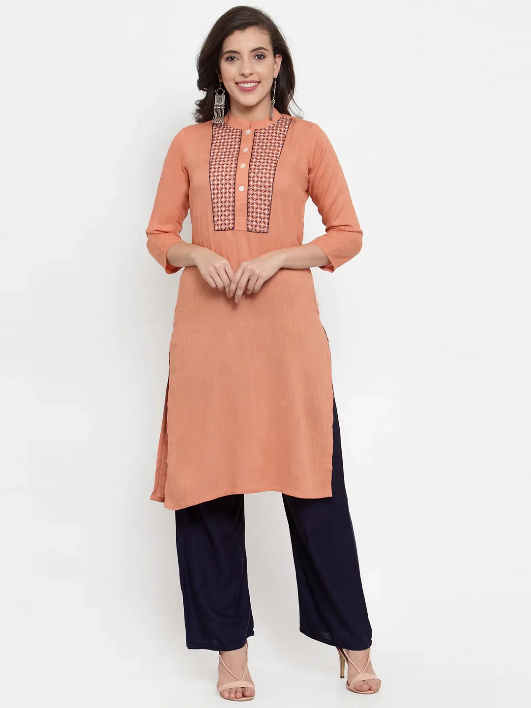 Jompers Women's Mustard Peach & Navy Blue Embroidered Kurta with Palazzos & Dupatta - Distacart