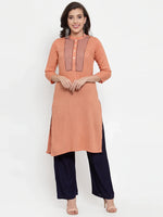 Thumbnail for Jompers Women's Mustard Peach & Navy Blue Embroidered Kurta with Palazzos & Dupatta - Distacart