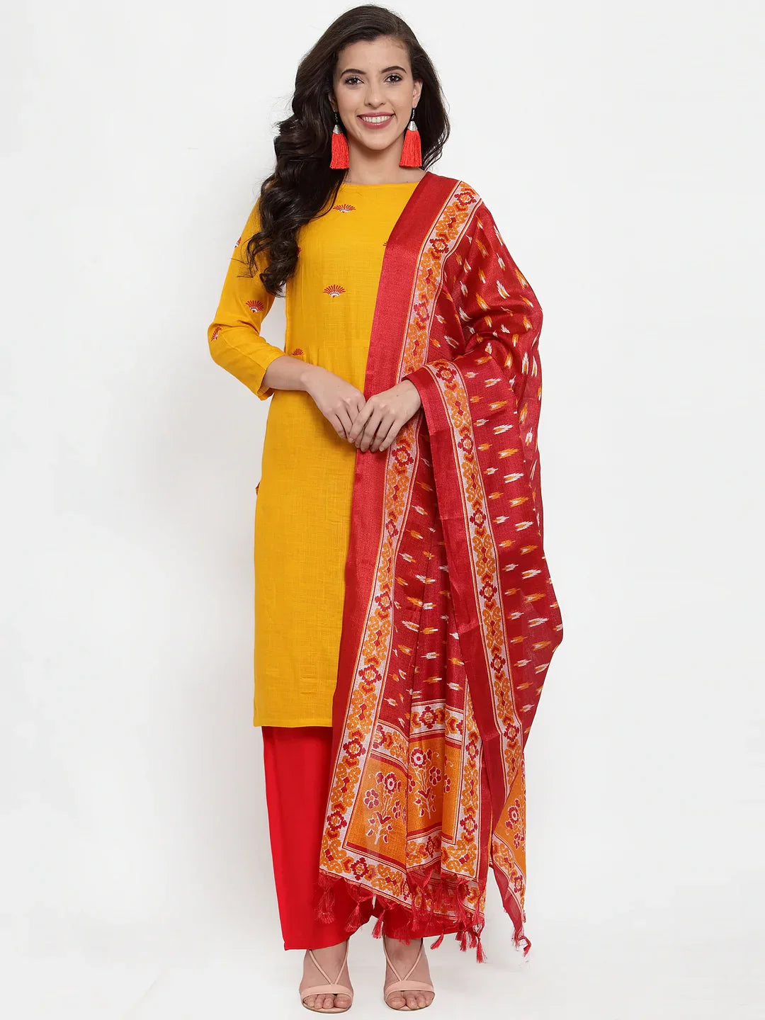 Jompers Women's Mustard Yellow & Red Embroidered Kurta with Palazzos & Dupatta - Distacart