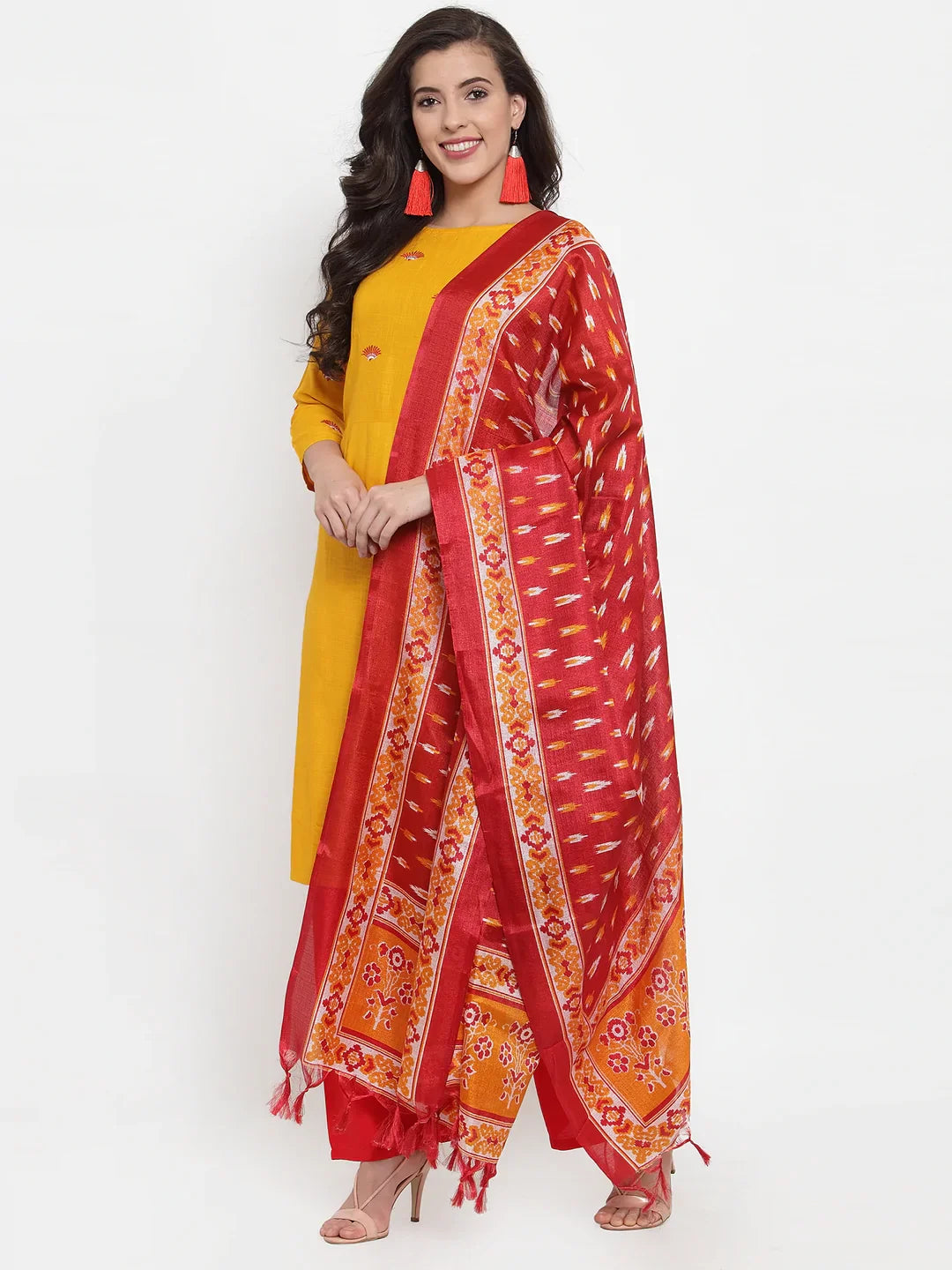 Jompers Women's Mustard Yellow & Red Embroidered Kurta with Palazzos & Dupatta - Distacart