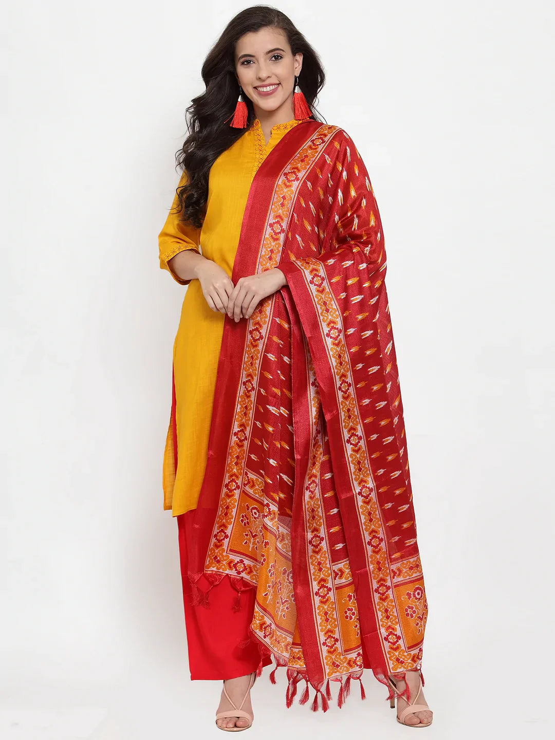 Jompers Women's Mustard Yellow & Red Embroidered Kurta with Palazzos & Dupatta - Distacart