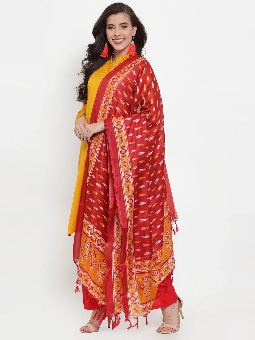 Jompers Women's Mustard Yellow & Red Embroidered Kurta with Palazzos & Dupatta - Distacart