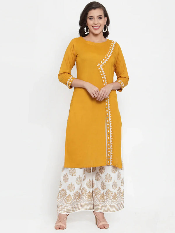 Jompers Women's Mustard Yellow & Off-White Embroidered Kurta with Palazzos - Distacart