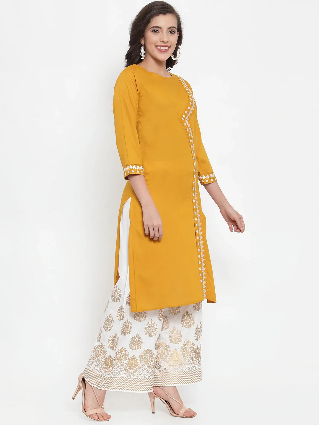 Jompers Women's Mustard Yellow & Off-White Embroidered Kurta with Palazzos - Distacart