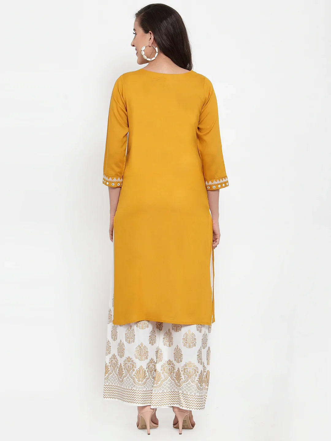 Jompers Women's Mustard Yellow & Off-White Embroidered Kurta with Palazzos - Distacart