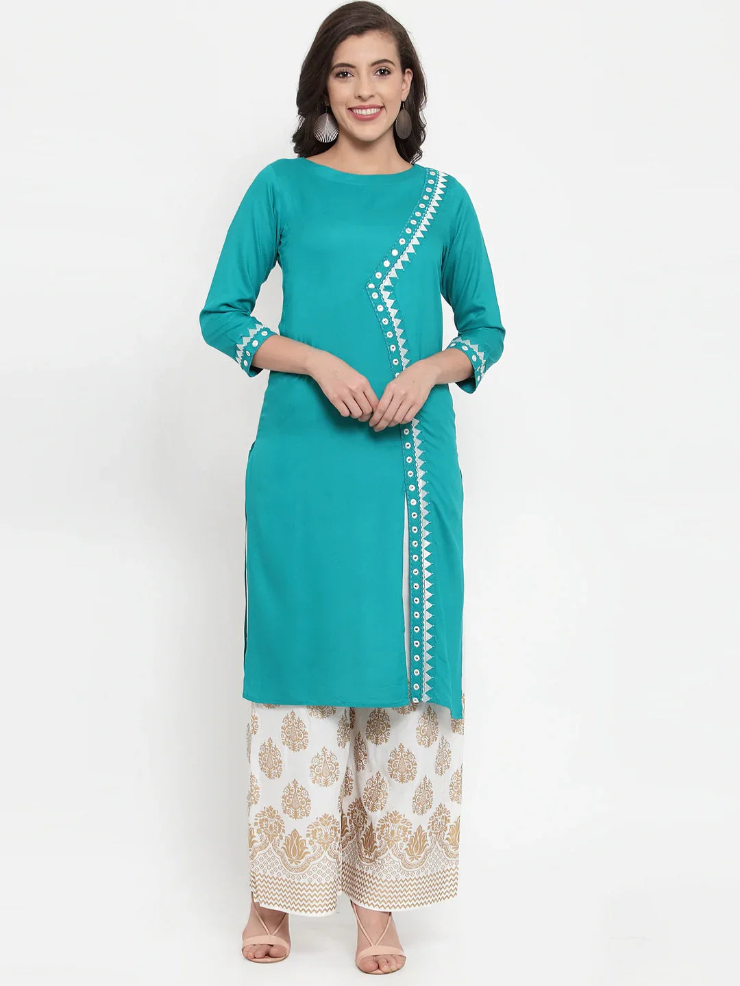 Jompers Women's Rama Green & Off-White Embroidered Kurta with Palazzos - Distacart