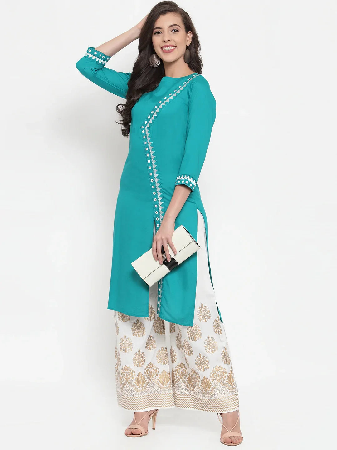 Jompers Women's Rama Green & Off-White Embroidered Kurta with Palazzos - Distacart
