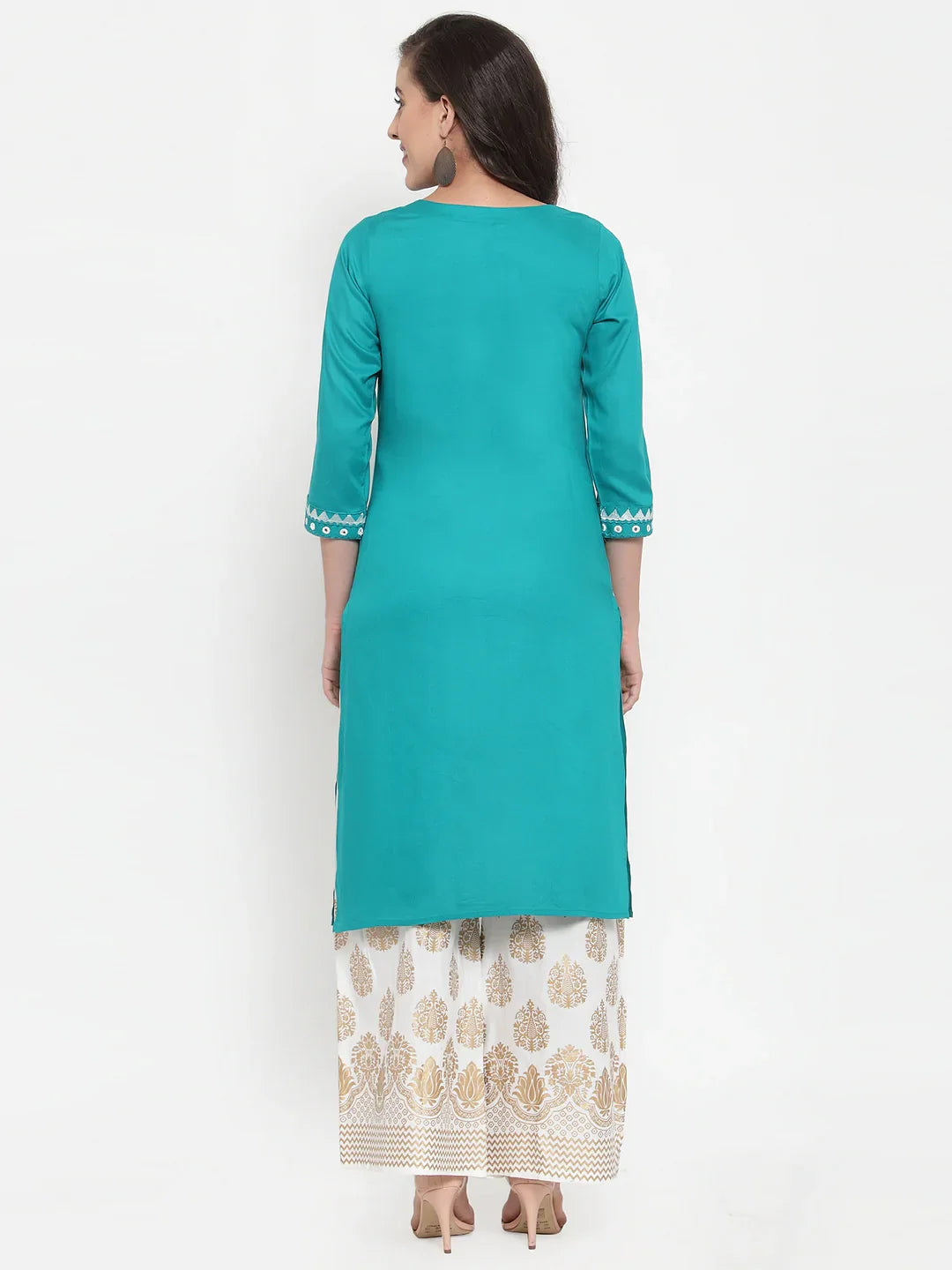 Jompers Women's Rama Green & Off-White Embroidered Kurta with Palazzos - Distacart