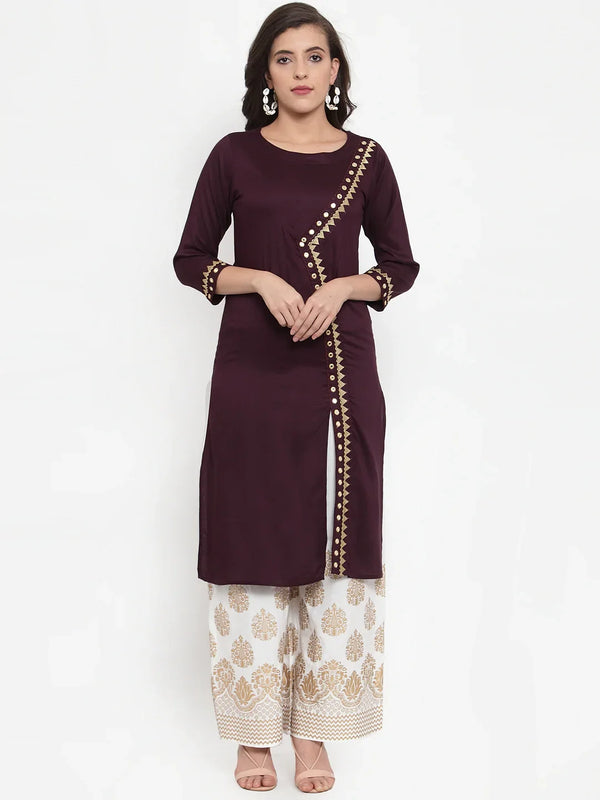 Jompers Women's Purple Embroidered Kurta with Palazzos - Distacart