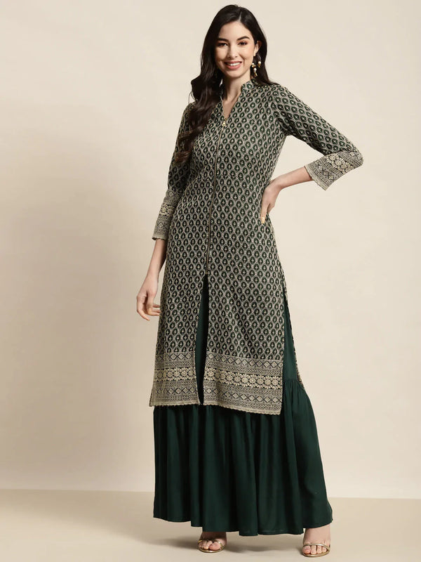 Jompers Women's Green Embroidered Kurta with Sharara - Distacart