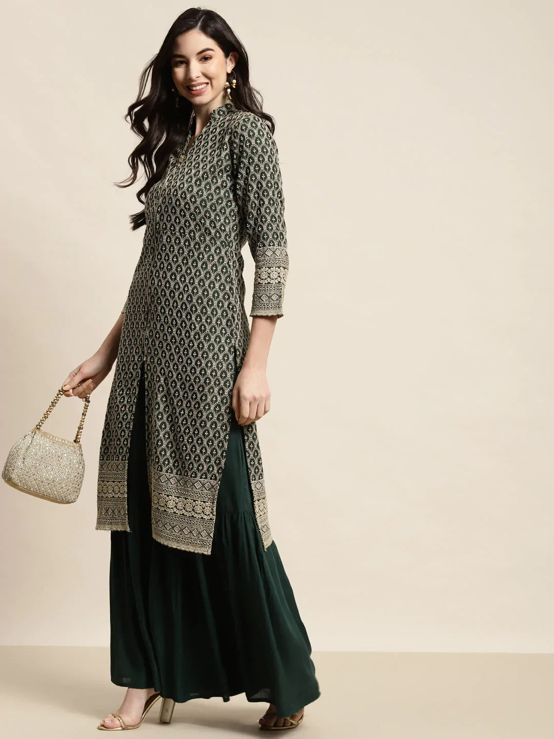 Jompers Women's Green Embroidered Kurta with Sharara - Distacart