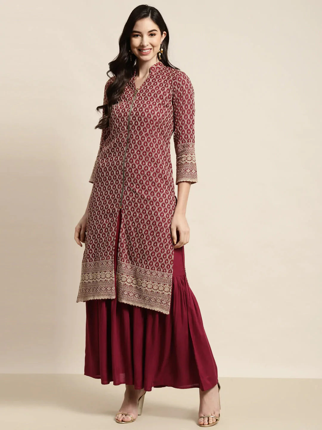Jompers Women's Maroon Embroidered Kurta with Sharara - Distacart