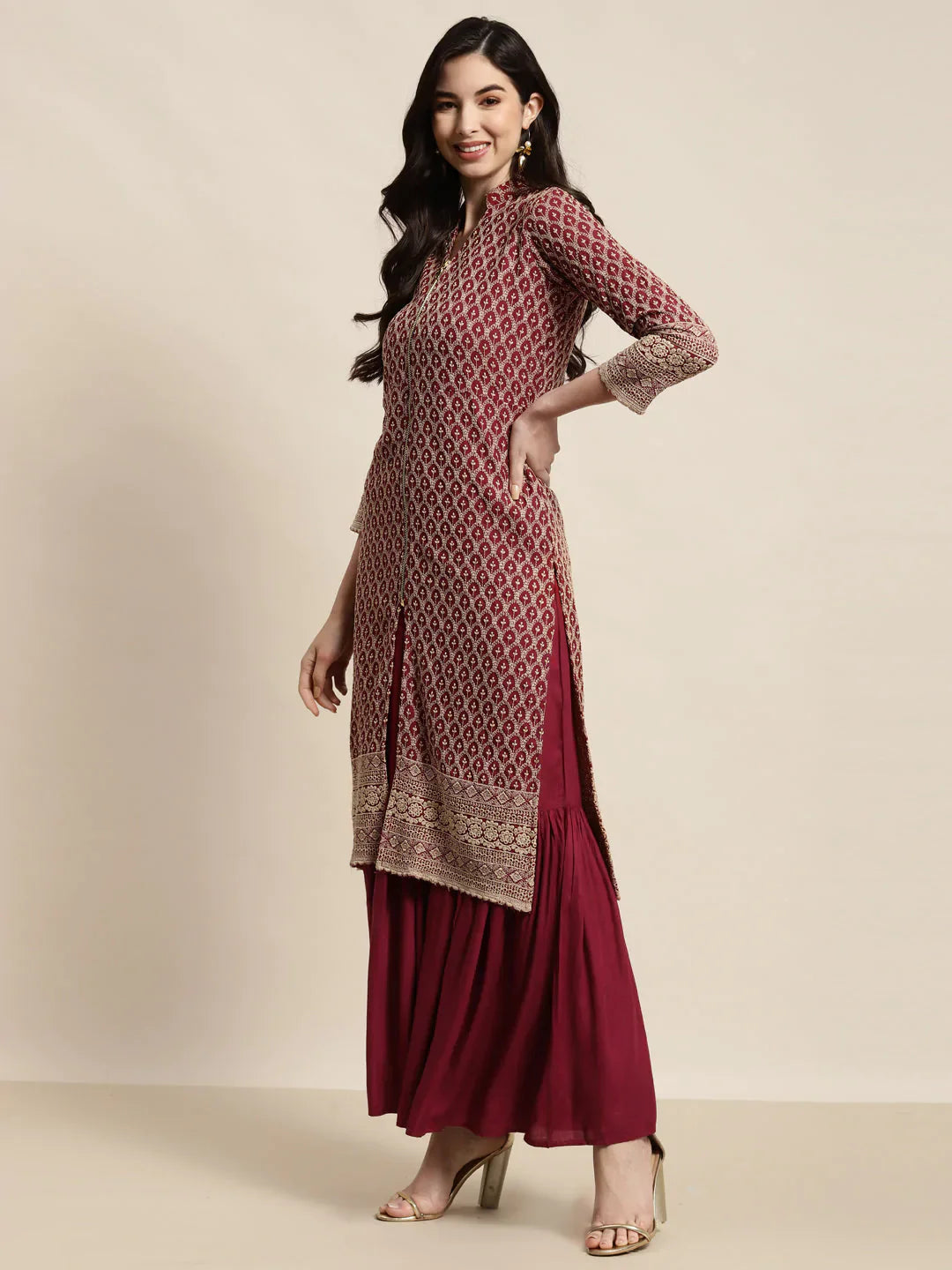 Jompers Women's Maroon Embroidered Kurta with Sharara - Distacart