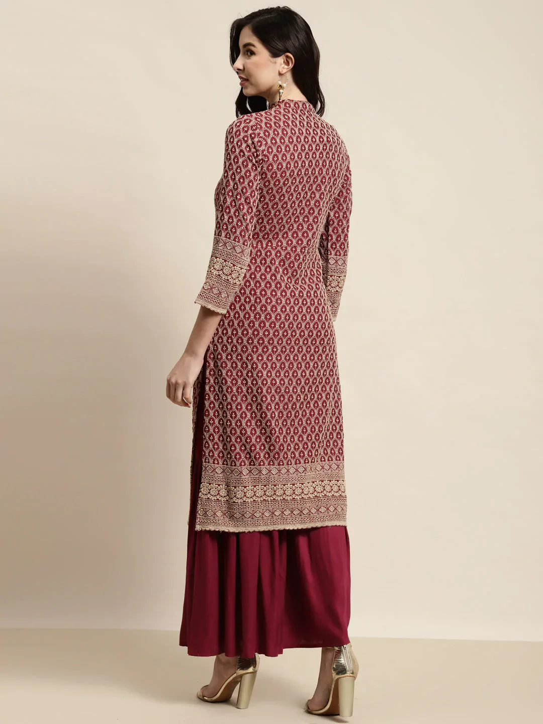 Jompers Women's Maroon Embroidered Kurta with Sharara - Distacart