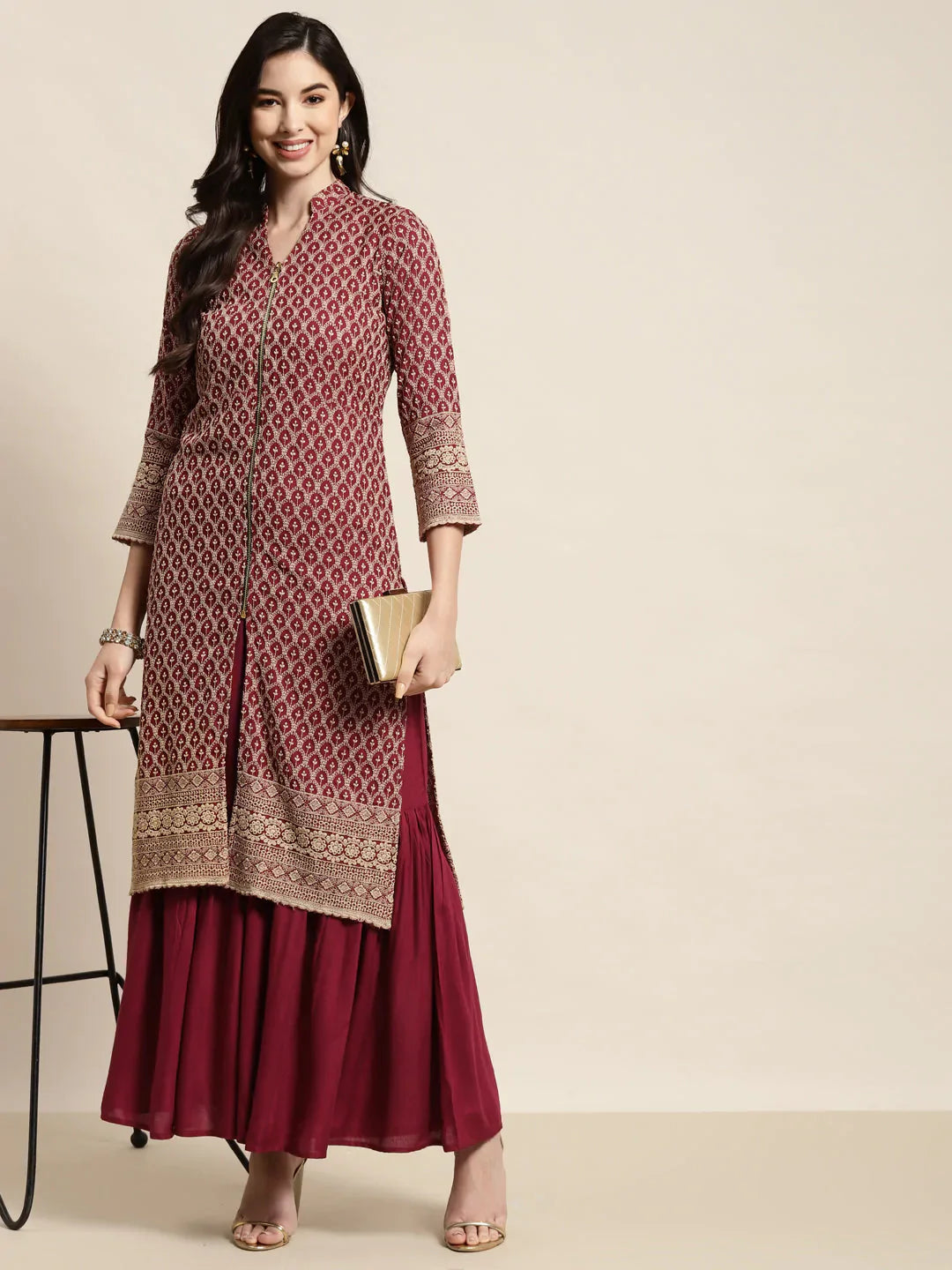 Jompers Women's Maroon Embroidered Kurta with Sharara - Distacart